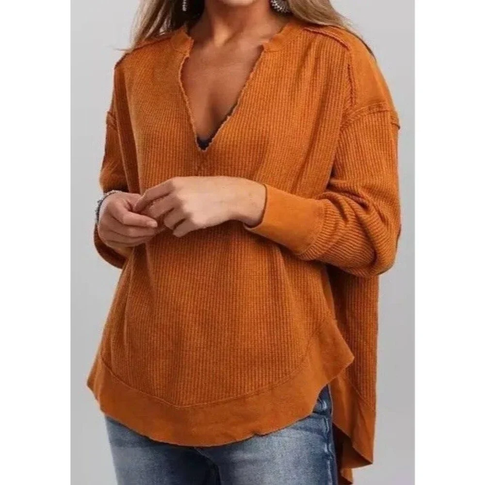 We The Free Owen Thermal Top Size XL Brown Long Sleeve Cotton V Neck - Picture 1 of 5